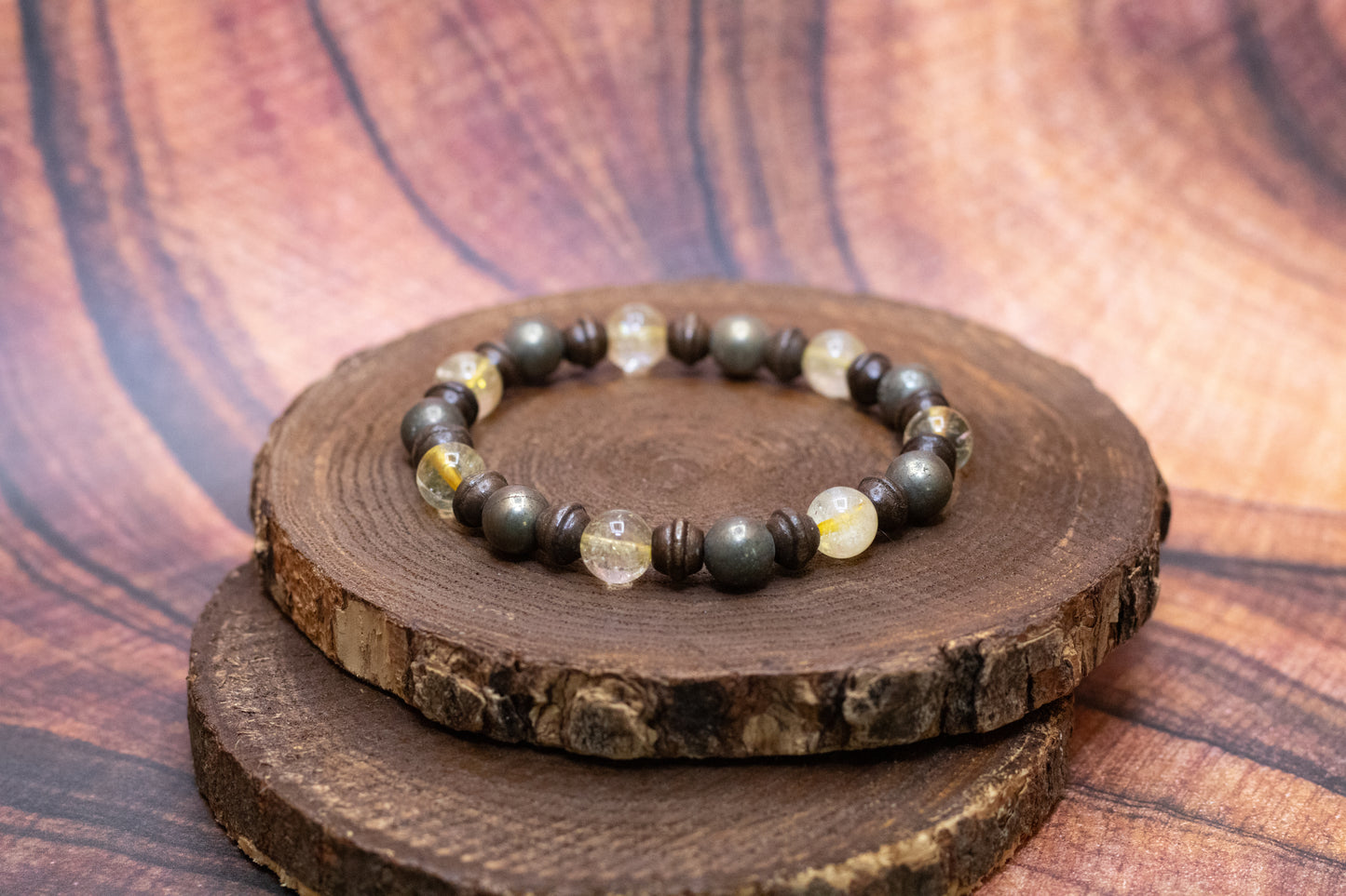 Pyrite, Citrine, and Wood Elastic Bracelet