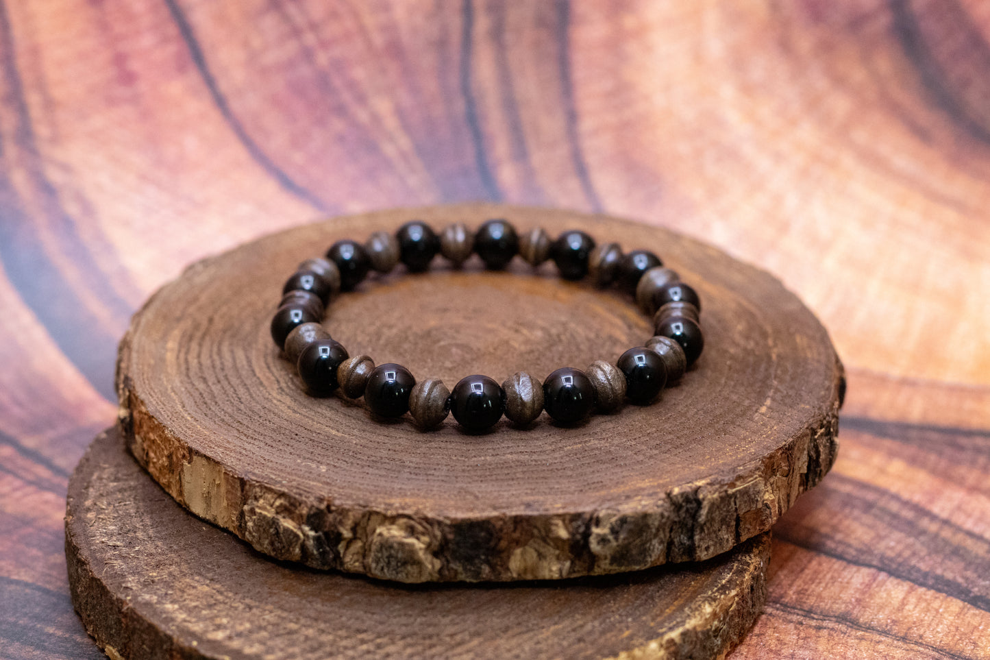 Black Obsidian and Wood Elastic Bracelet