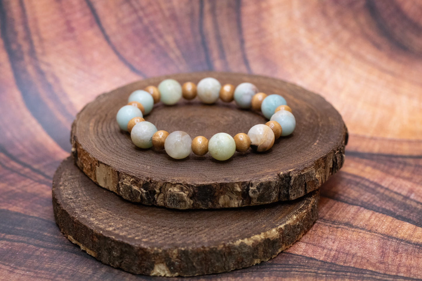 Amazonite and Wood Elastic Bracelet