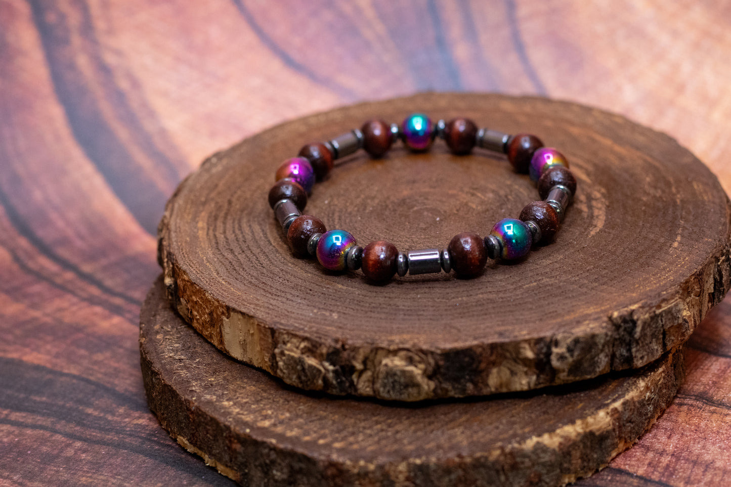 Rainbow Hematite and Wood Elastic Bracelet