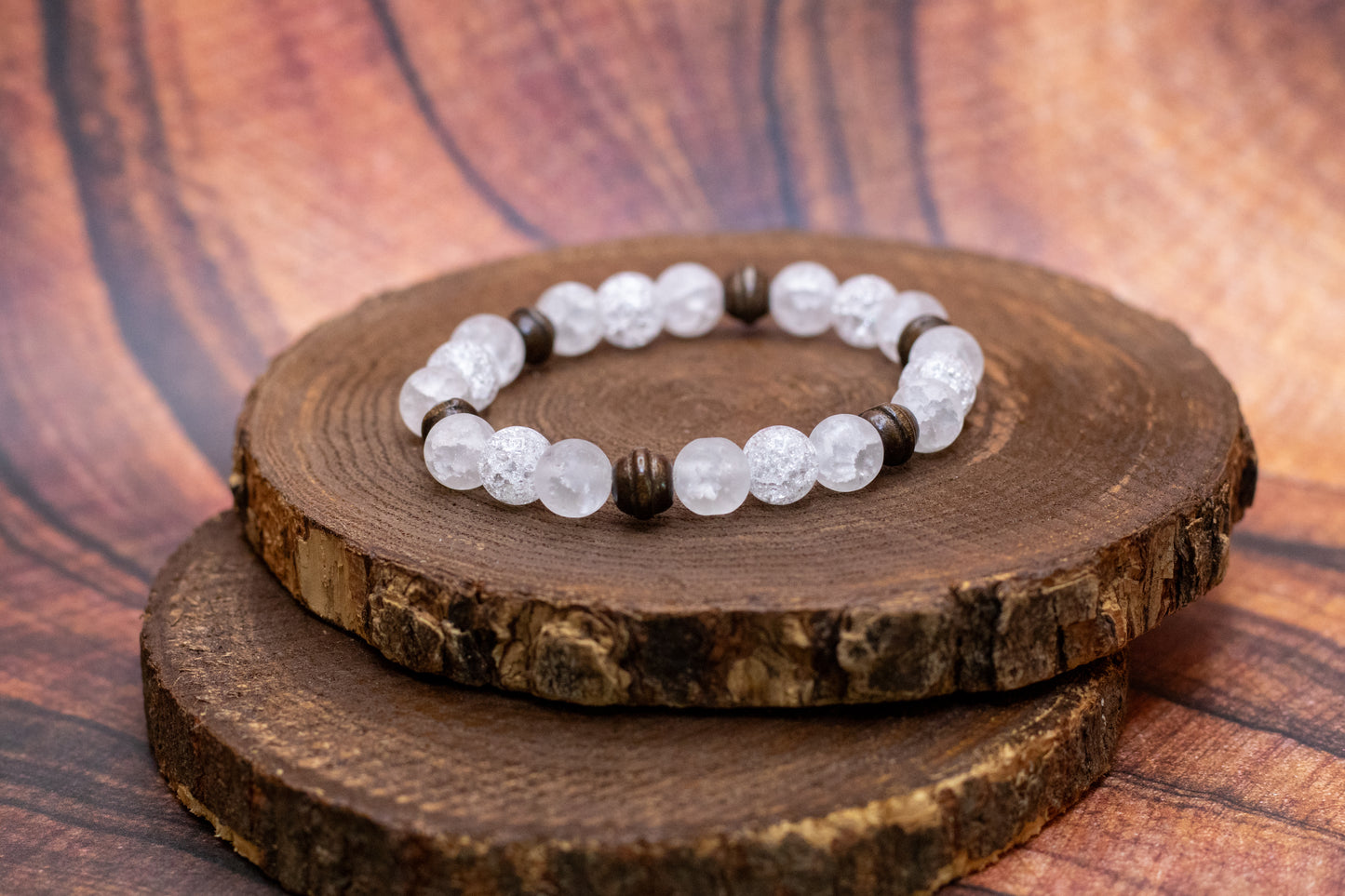 Crackle Quartz and Wood Elastic Bracelet