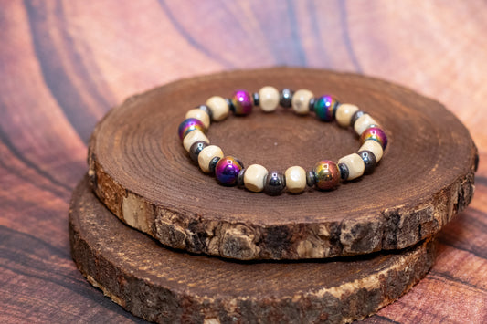 Rainbow Hematite and Wood Elastic Bracelet