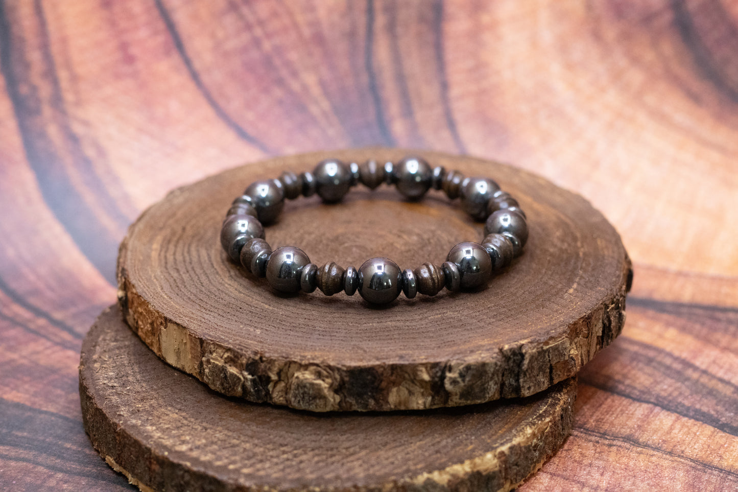 Hematite and Wood Elastic Bracelet