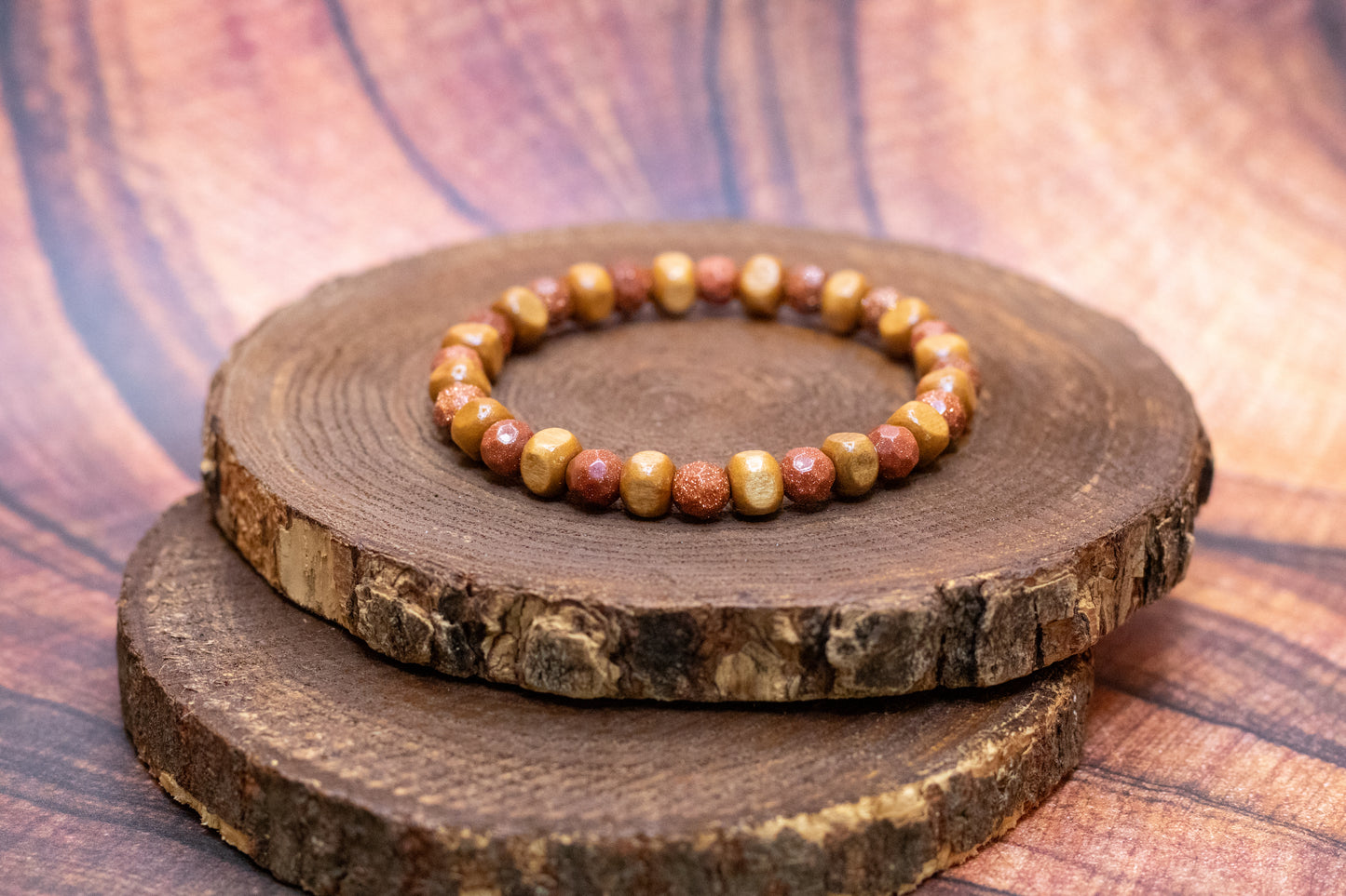 Goldstone and Wood Elastic Bracelet