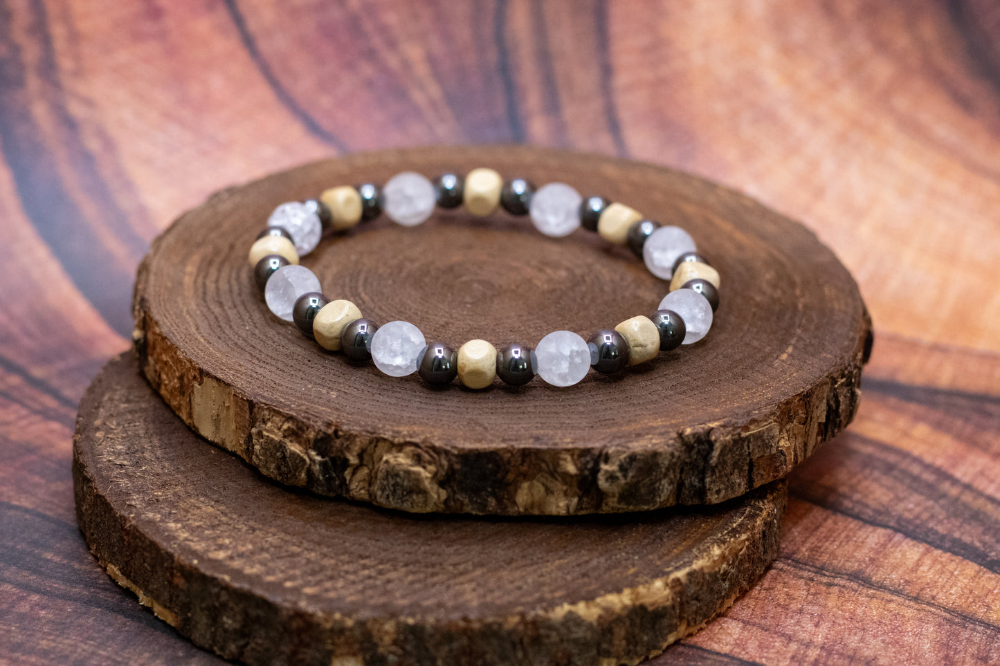 Crackle Quartz, Hematite, and Wood Elastic Bracelet