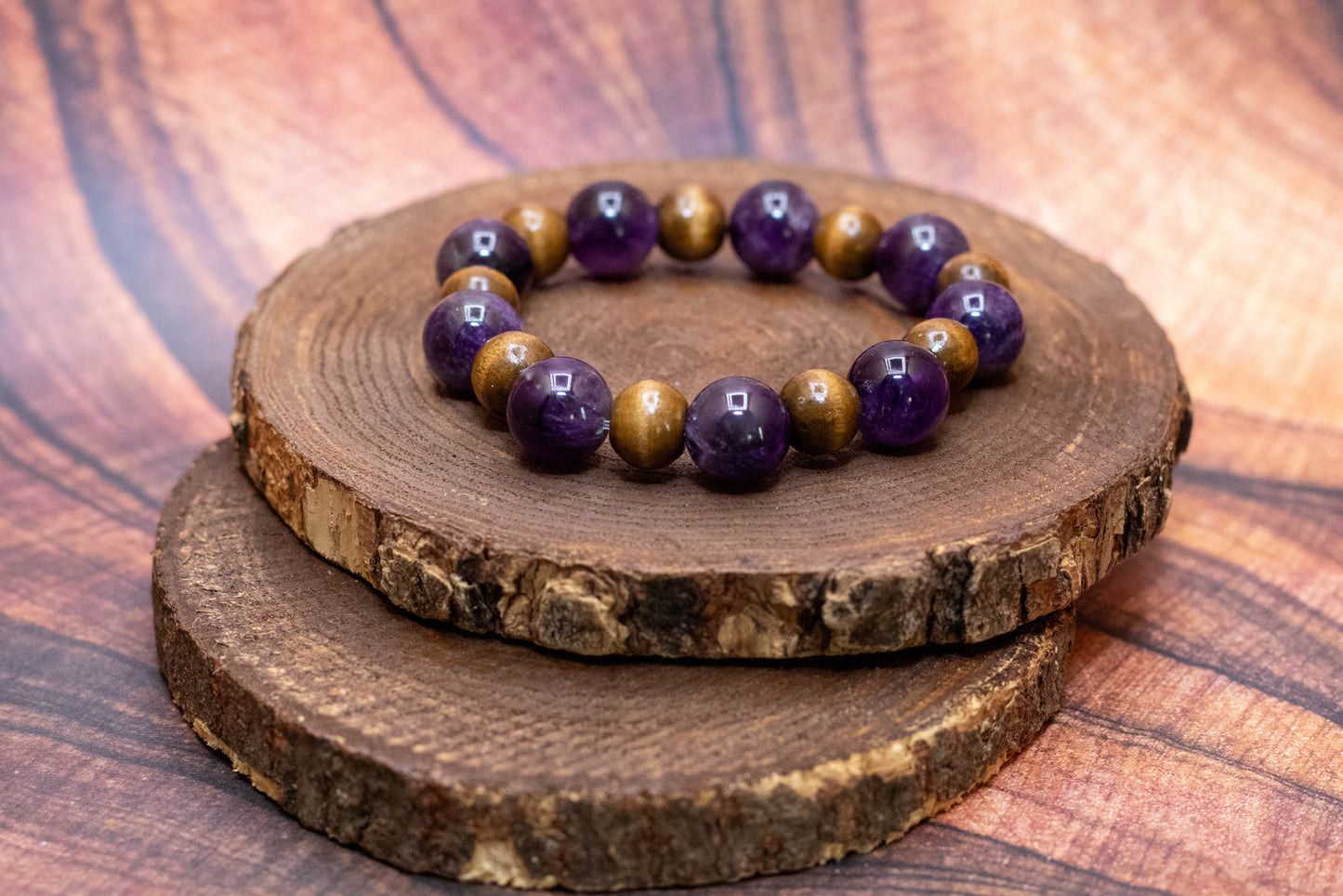 Chunky Amethyst and Wood Elastic Bracelet