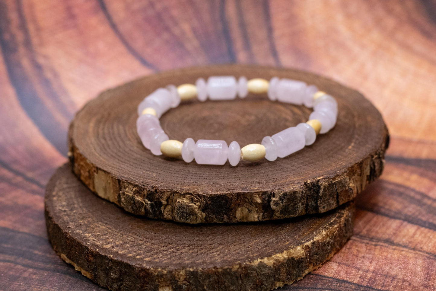 Rose Quartz and Wood Elastic Bracelet