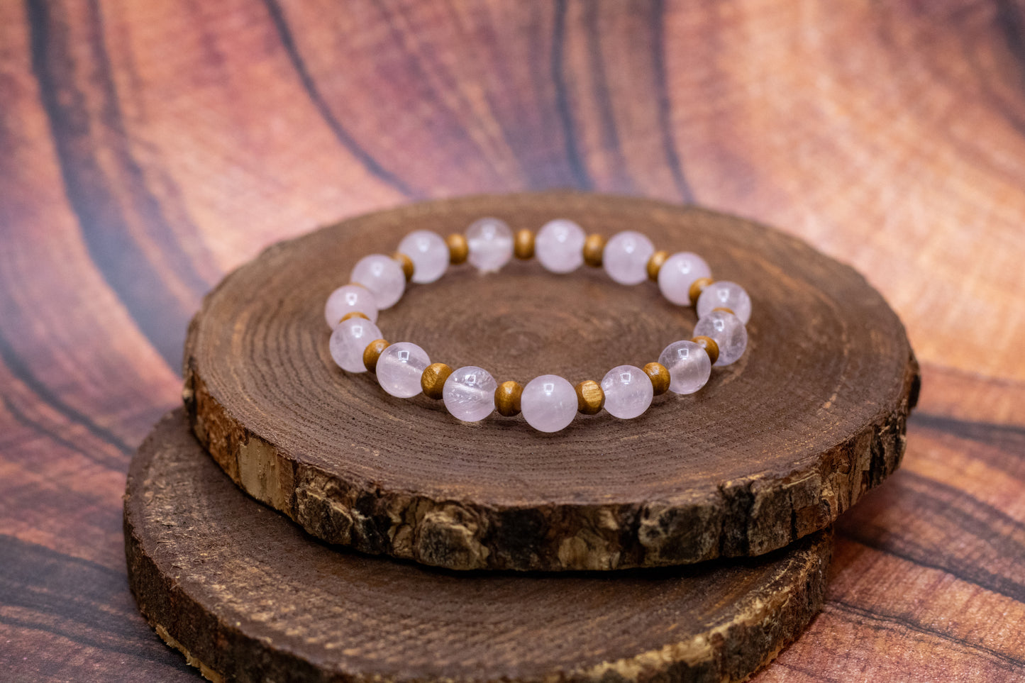 Rose Quartz and Wood Elastic Bracelet