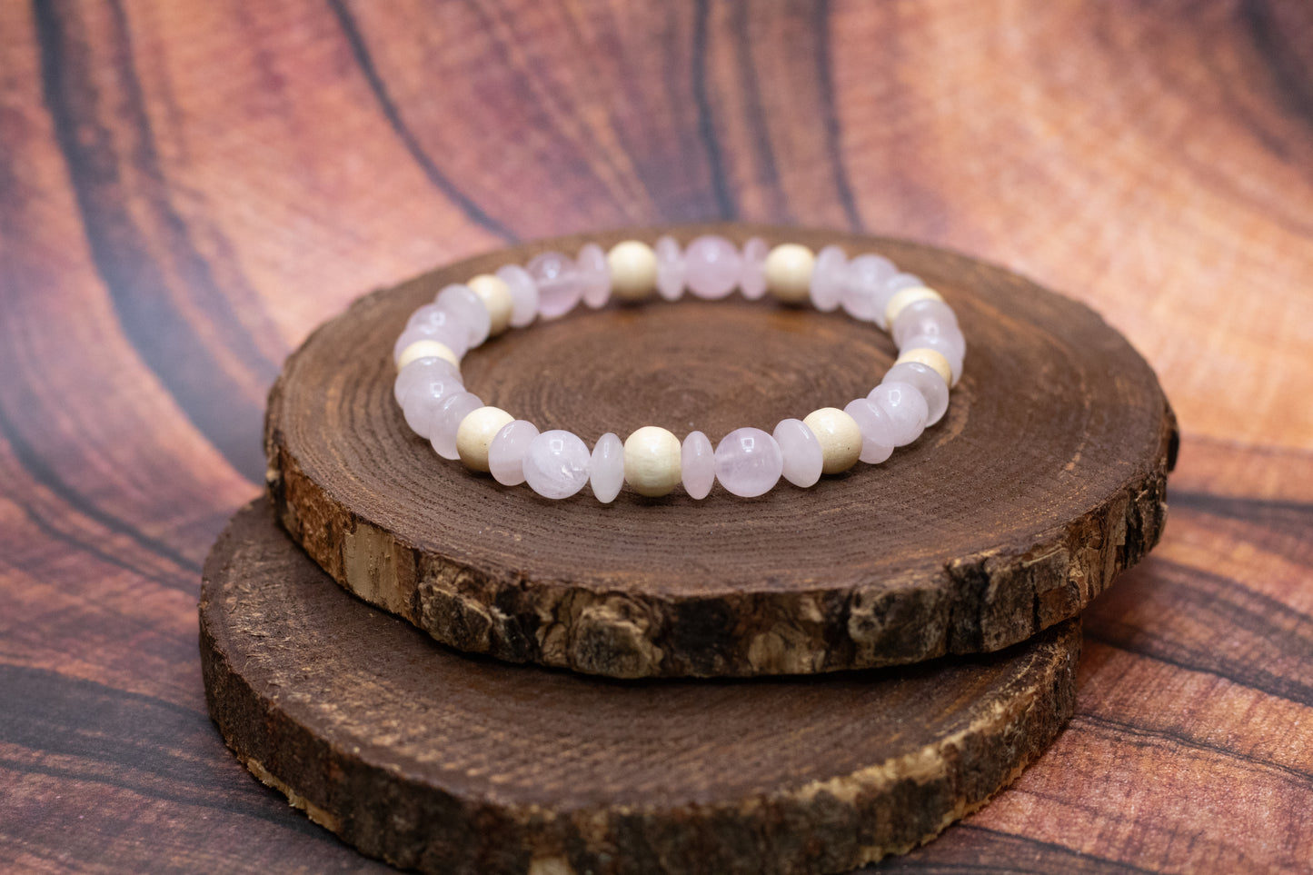 Rose Quartz and Wood Elastic Bracelet