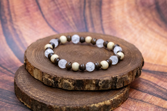 Crackled Quartz and Wood Elastic Bracelet