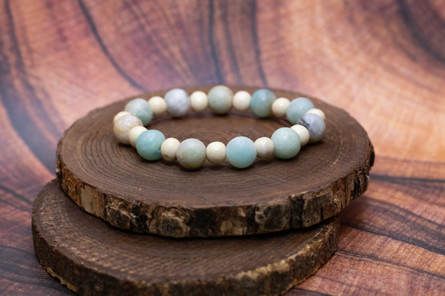 Amazonite and Wood Elastic Bracelet