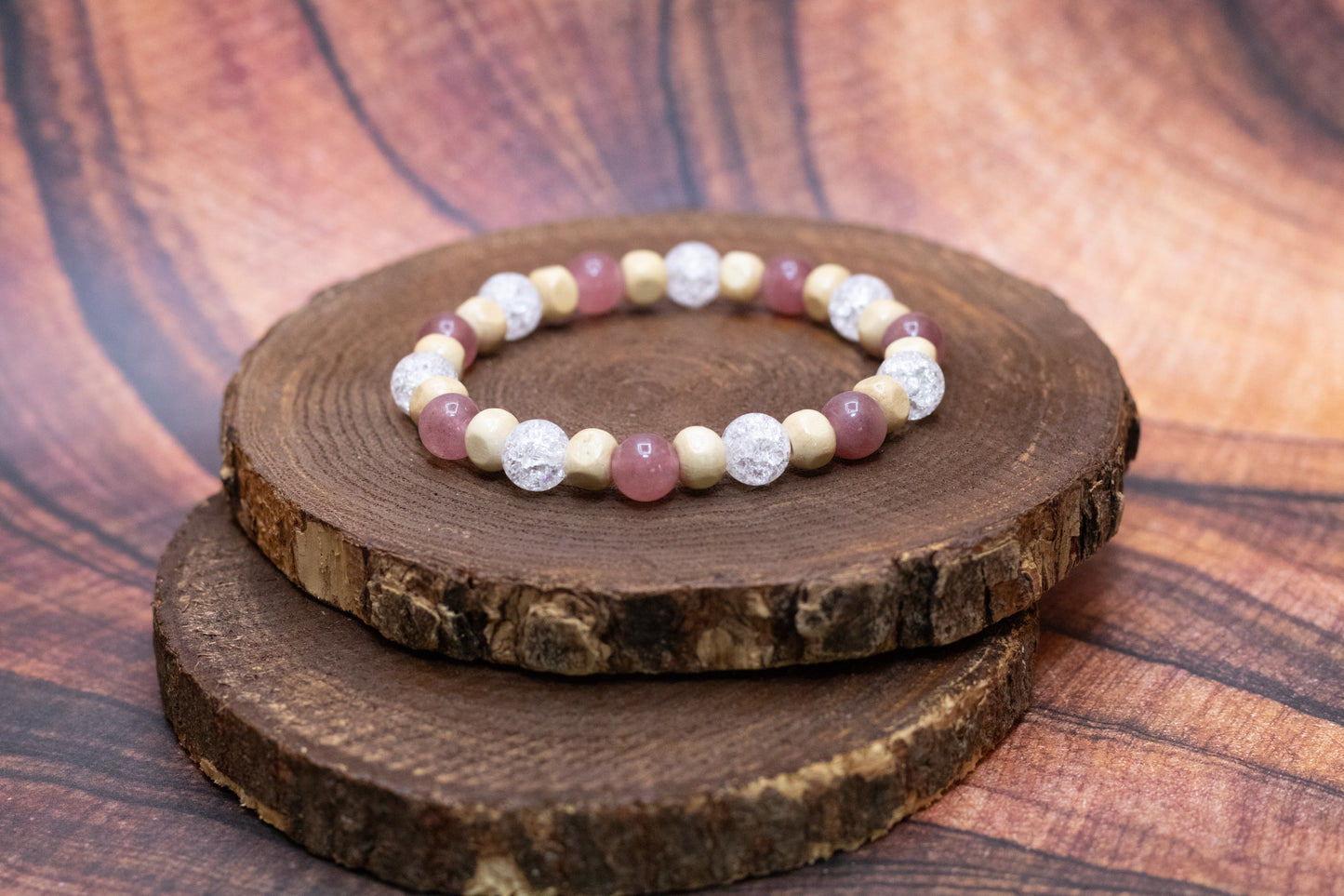 Crackle and Strawberry Quartz and Wood Elastic Bracelet