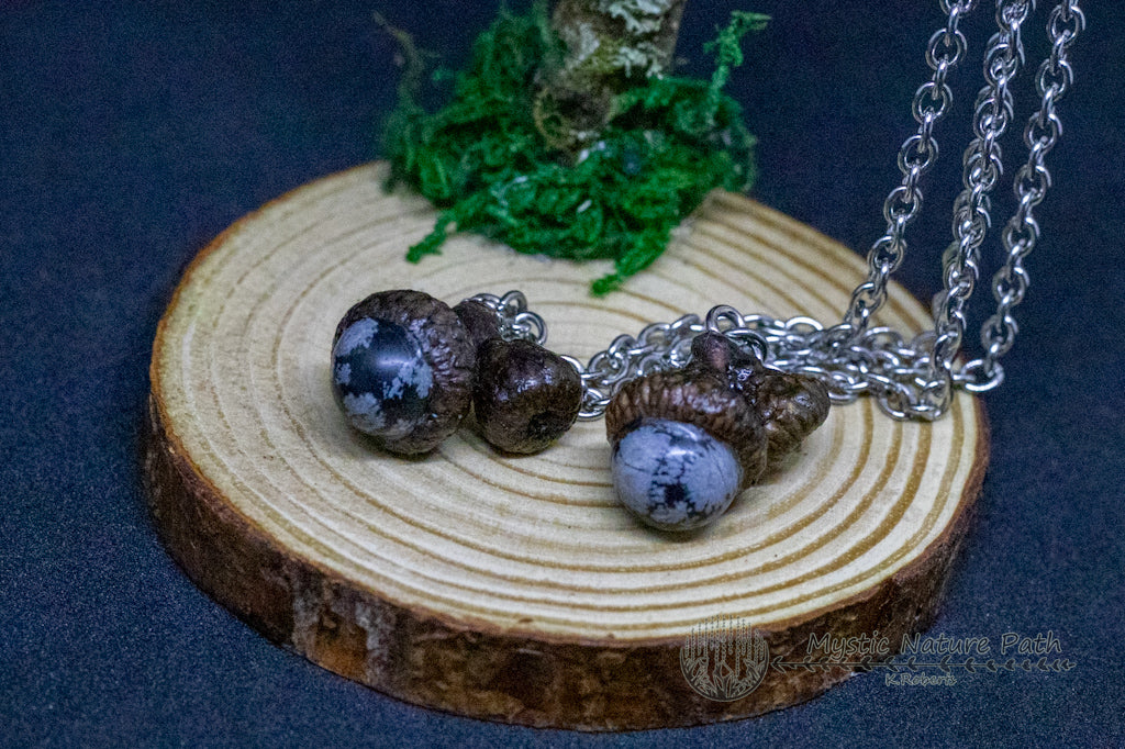 Snowflake Obsidian Acorn Pendant Necklace