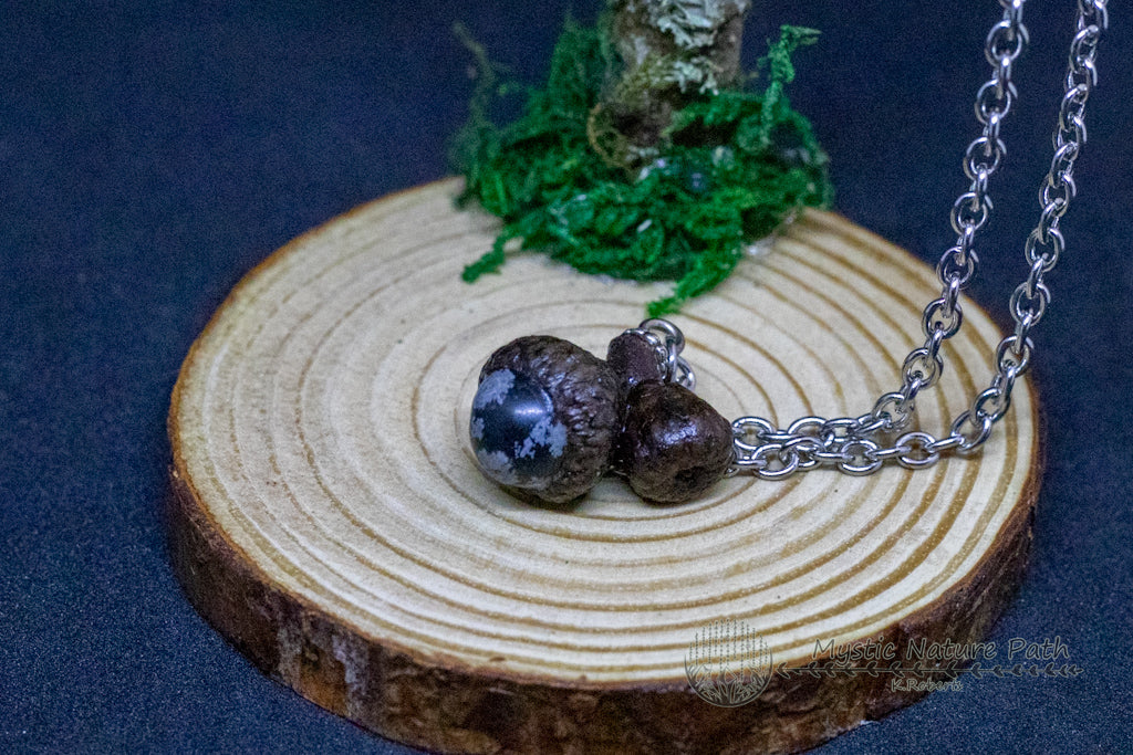 Snowflake Obsidian Acorn Pendant Necklace