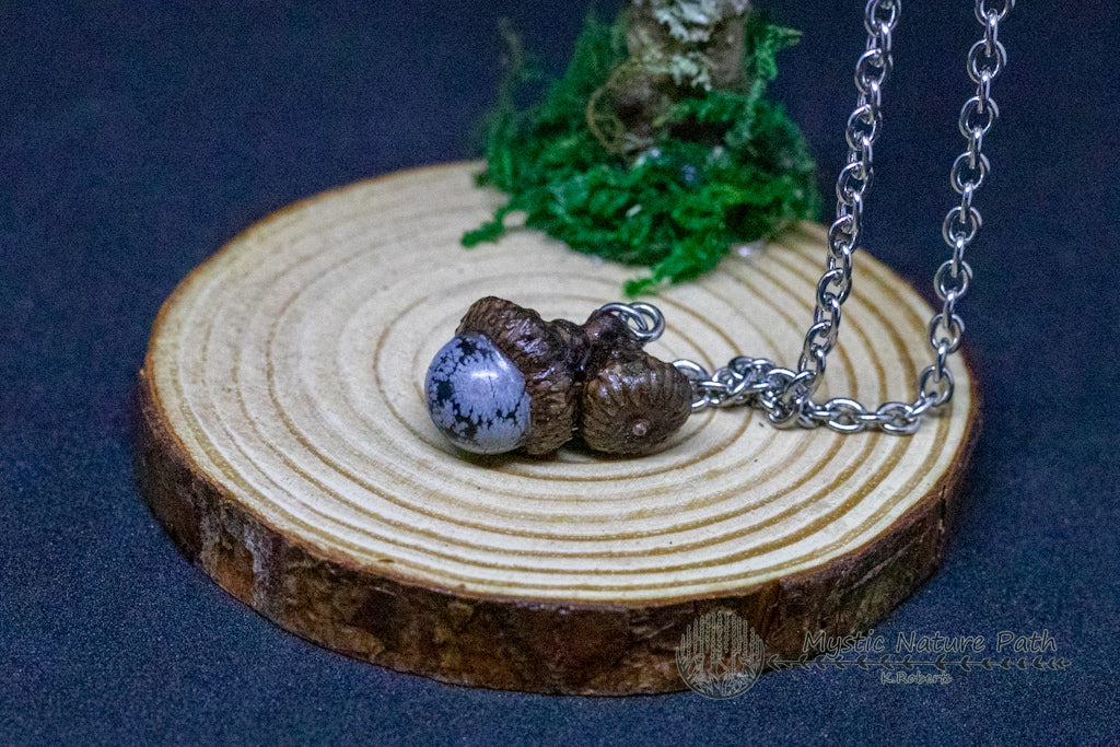 Snowflake Obsidian Acorn Pendant Necklace