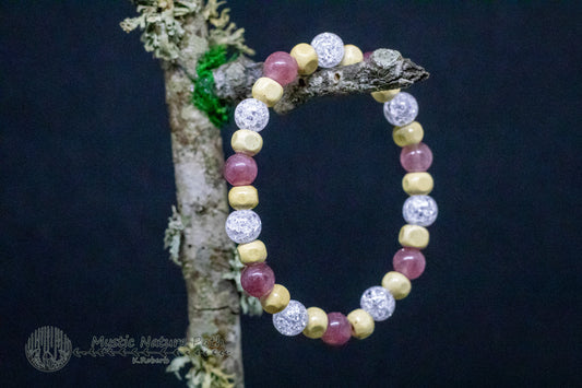 Crackle and Strawberry Quartz and Wood Elastic Bracelet