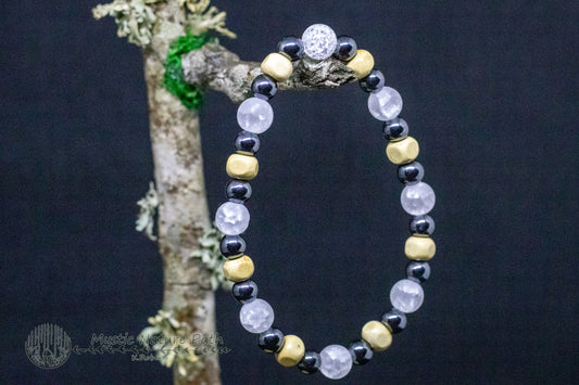 Crackle Quartz, Hematite, and Wood Elastic Bracelet