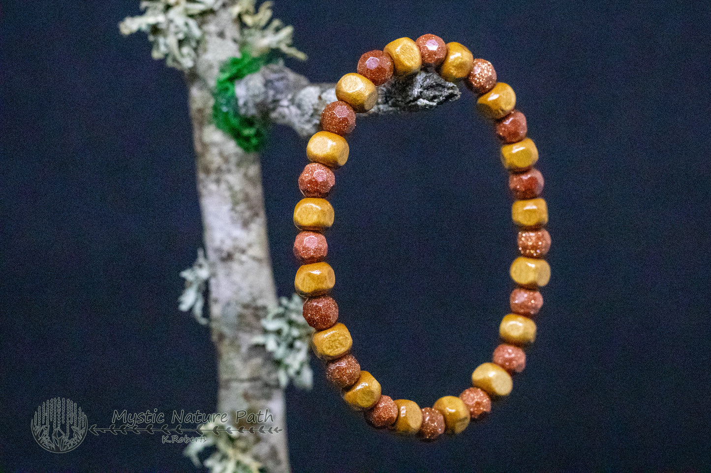 Goldstone and Wood Elastic Bracelet